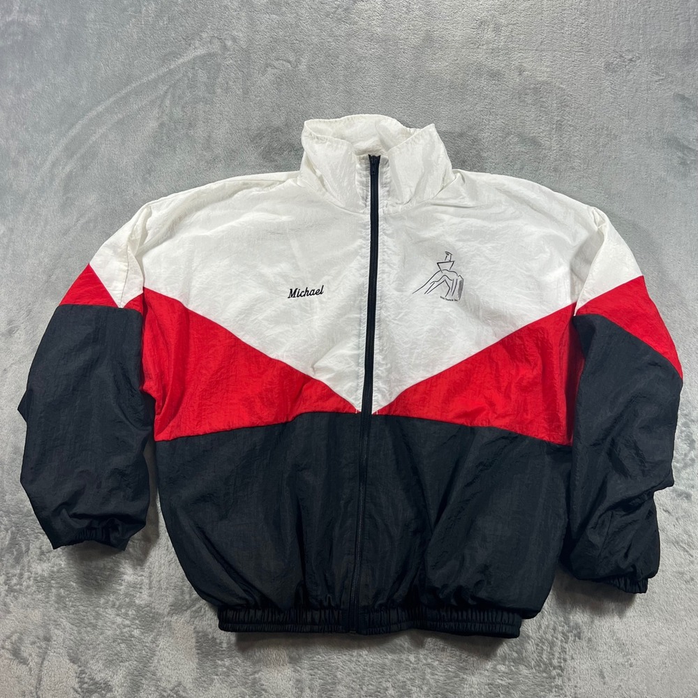 Vintage Windbreaker Jacket PURCELLS ACTIVEWEAR Mens L White Red Dance Graphic